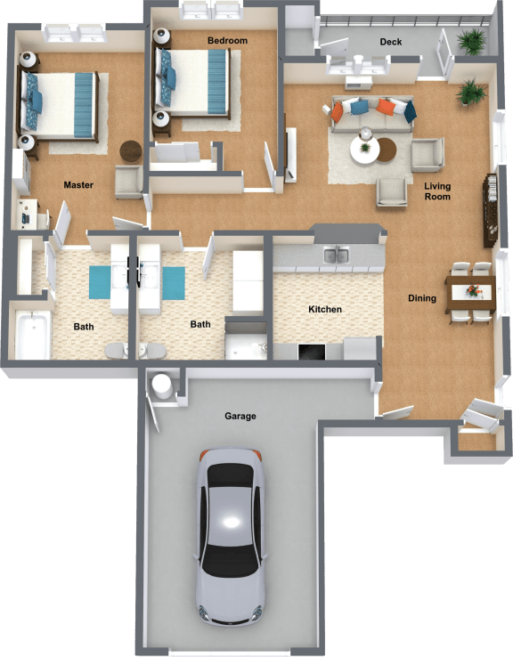 a floor plan of a house with a car in the garage