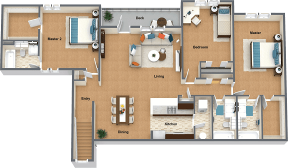 a floor plan of a house with furniture and a swimming pool