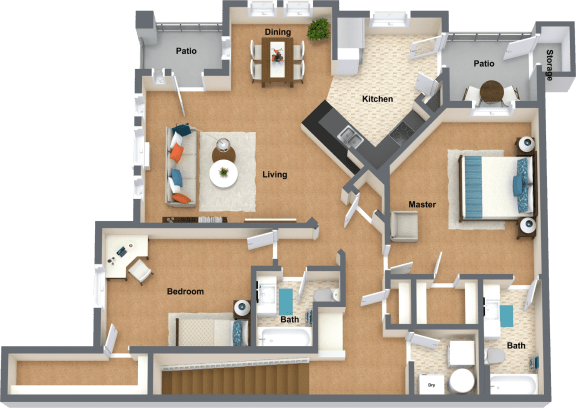 a floor plan of a house with furniture and a swimming pool