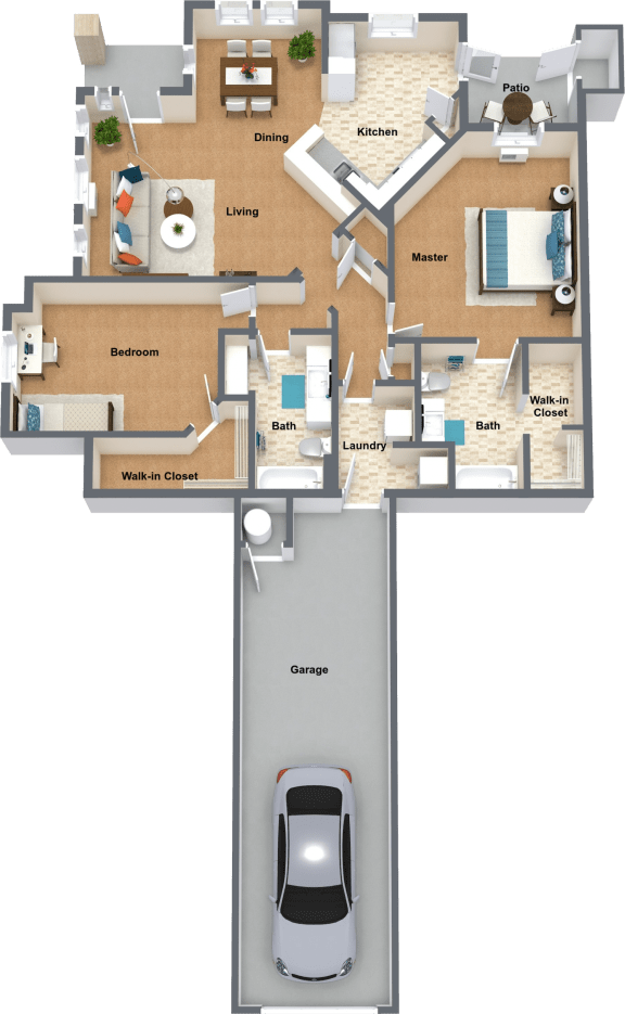 a floor plan of a house with a car in the garage
