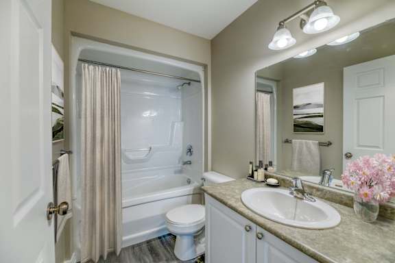 A bathroom with a toilet, sink, and shower.
