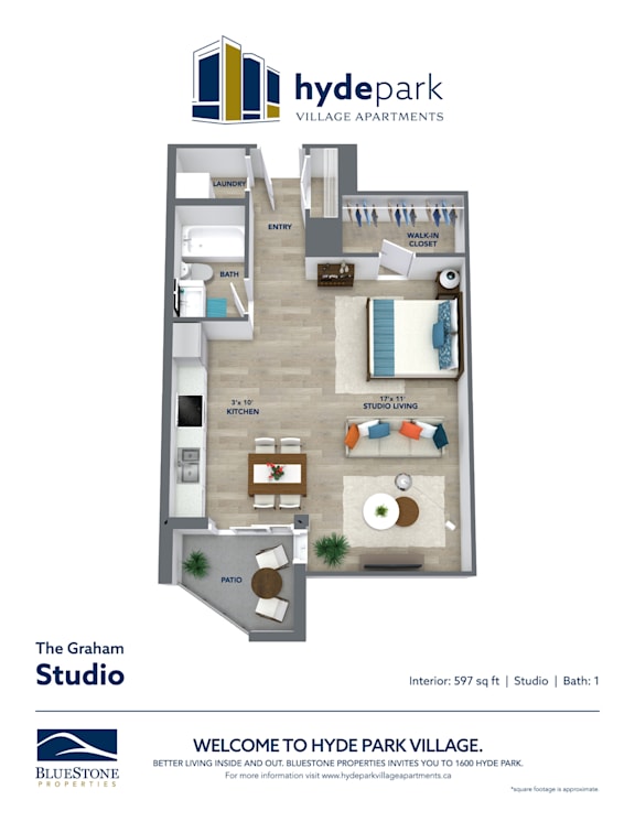 A floor plan of a studio apartment in Hyde Park Village.