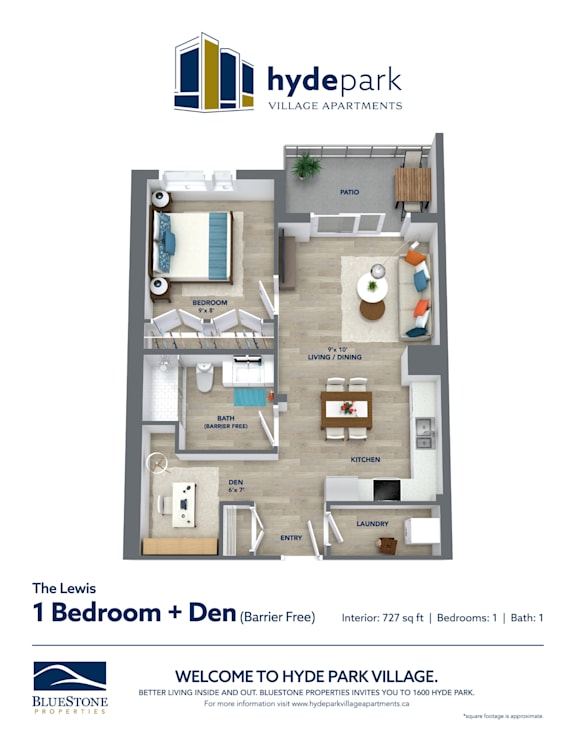 A floor plan for a one bedroom apartment with a den barrier free