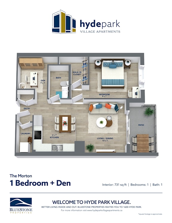 A floor plan for a 1 bedroom apartment with den at Hyde Park Village Apartments.