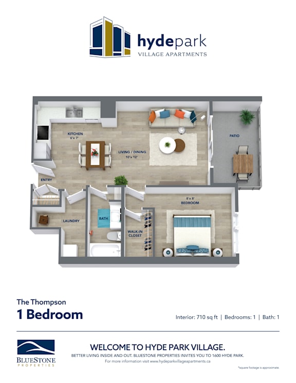 A floor plan for a one bedroom apartment at Hyde Park Village.