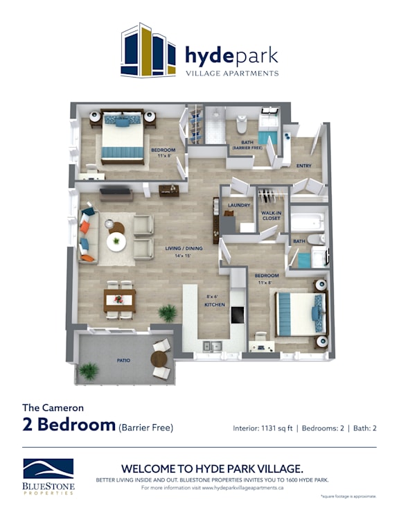 A floor plan for a 2 bedroom barrier free apartment at Hyde Park Village.