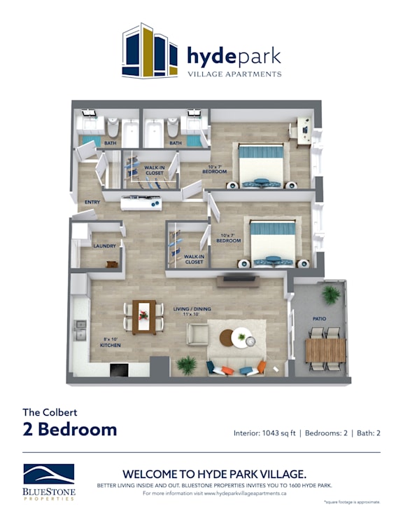 A floor plan of a two bedroom apartment at Hyde Park Village.