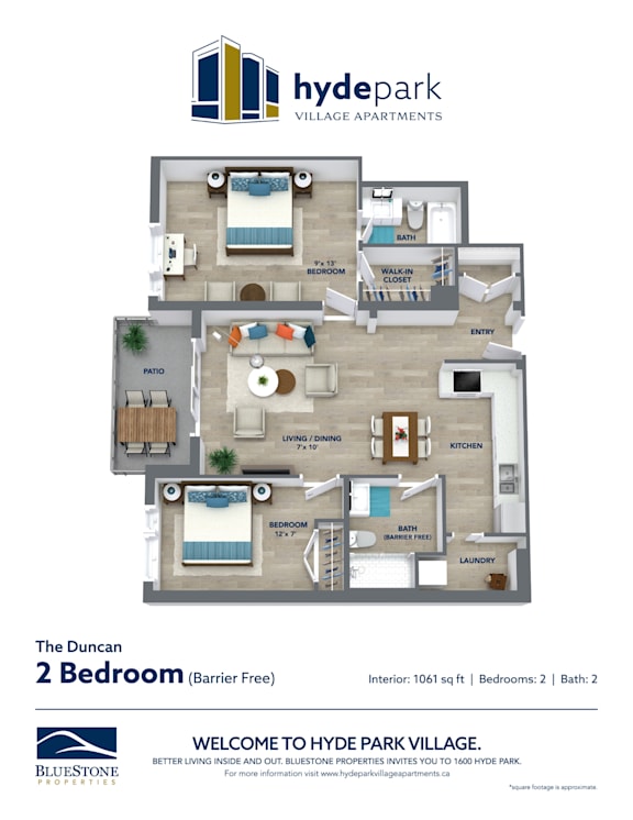 A floor plan for a 2 bedroom barrier free apartment at Hyde Park Village.