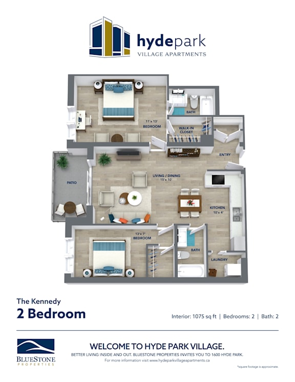 A floor plan for a 2 bedroom apartment at Hyde Park Village.