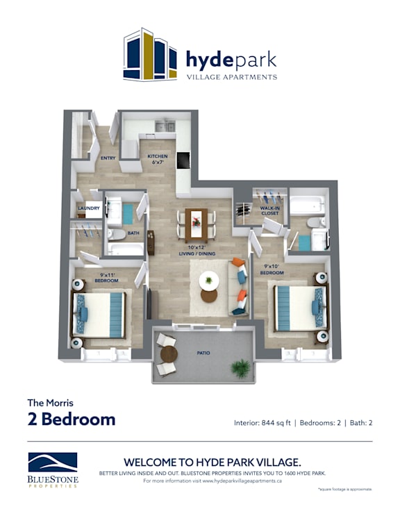 A floor plan of a 2 bedroom apartment at Hyde Park Village.