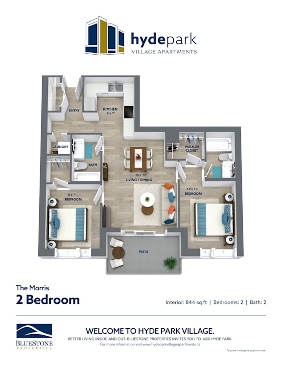A floor plan for a 2 bedroom apartment at Hyde Park Village.