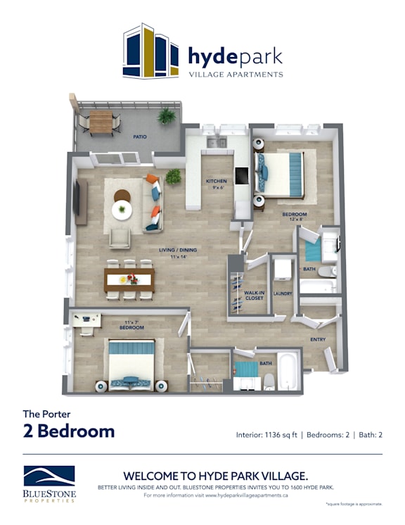 A floor plan of a 2 bedroom apartment at Hyde Park Village.