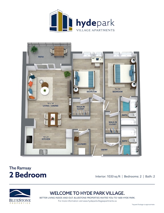 A floor plan of a 2 bedroom apartment at Hyde Park Village.