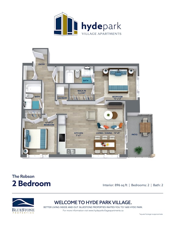 A floor plan for a 2 bedroom apartment at Hyde Park Village.
