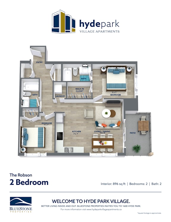 A floor plan of a 2 bedroom apartment at Hyde Park Village.