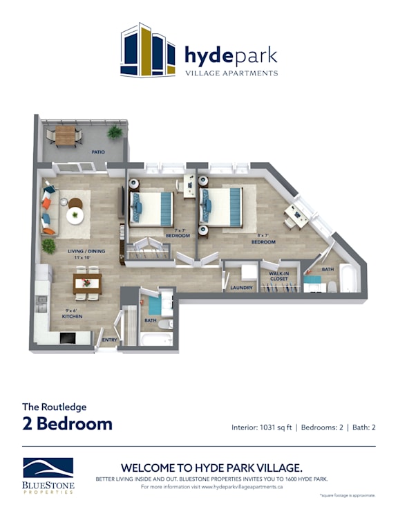 A floor plan of a 2 bedroom apartment at Hyde Park Village.