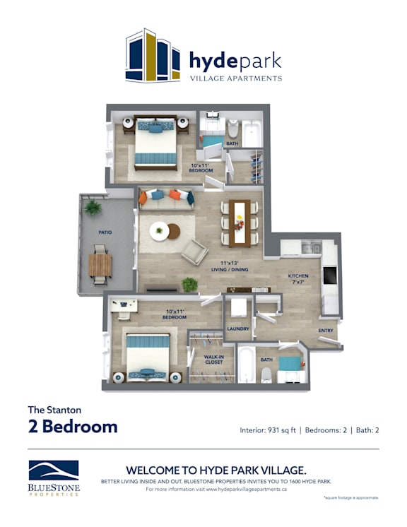 A floor plan for a 2 bedroom apartment at Hyde Park Village.