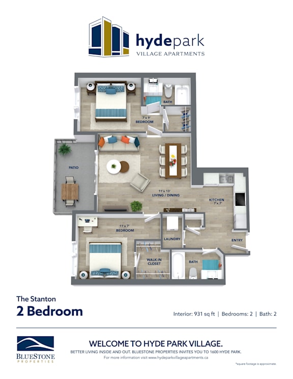 A floor plan of a 2 bedroom apartment at Hyde Park Village.