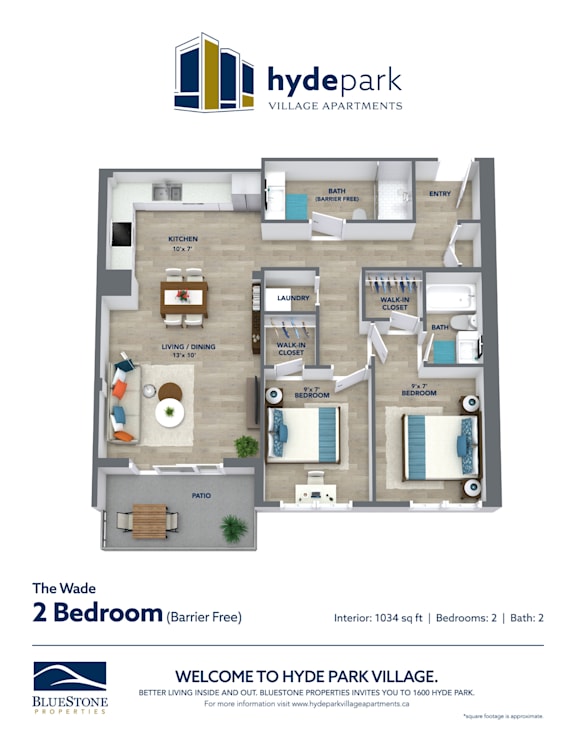 A floor plan of a 2 bedroom barrier free apartment at Hyde Park Village Apartments.