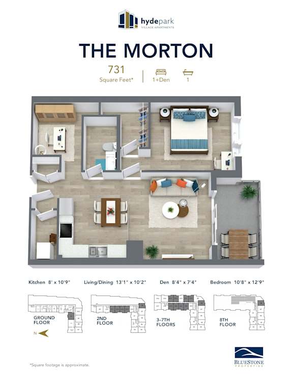 A floor plan for a 1 Bedroom, 1 Bathroom apartment at The Morton.