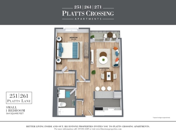 One bedroom small floorplan  at Platts Crossing, London, ON, N6H 4P4