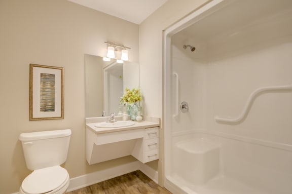 accessible  bathroom with a toilet, roll under sink and shower with seat and grab bar