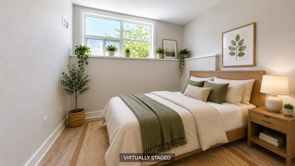 A bedroom with a bed, nightstand, and a window with plants on the windowsill.