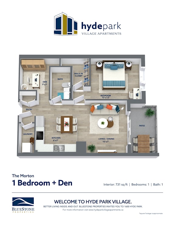 A floor plan for a 1 bedroom apartment with den at Hyde Park Village Apartments.