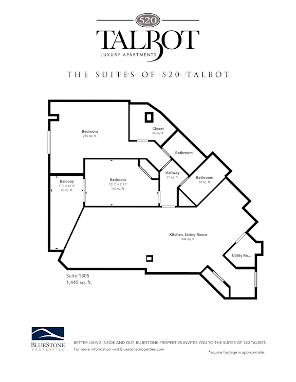 A Talbot Suites floor plan shows a 1,440 square foot suite with a balcony.