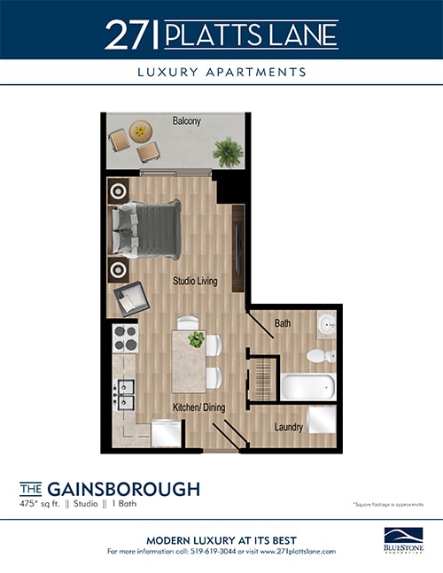 floor plan of the Gainsborough- a studio apartment with a bathroom and balcony