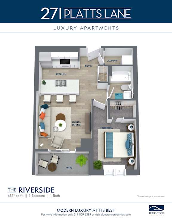 A floor plan for a 1 Bedroom apartment with 1 Bath.