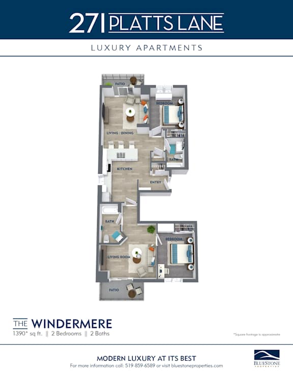 A floor plan for a 2 bedroom apartment at 271 Platts Lane.