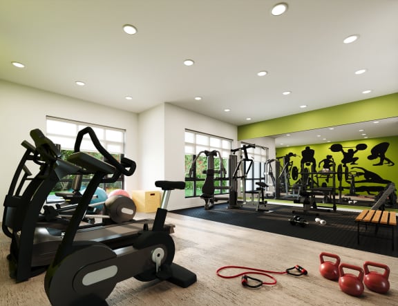 a rendering of a gym with weights and other exercise equipment