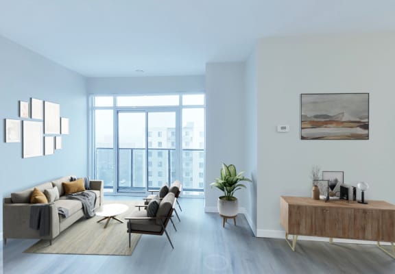 a living room with blue walls and a large window