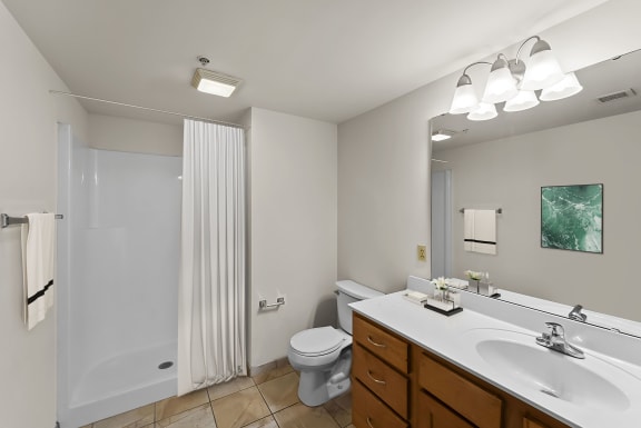 a bathroom with a large mirror and a sink and a toilet