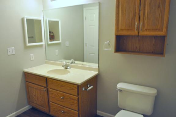 A bathroom with a white toilet and a wooden vanity.