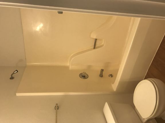 A white toilet is next to a bathtub with a shower head.