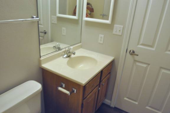 A bathroom with a sink and a toilet.