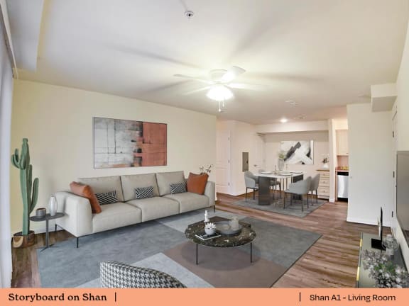 a living room with a couch and a table