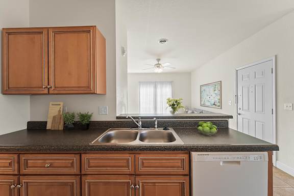 a kitchen with wooden cabinets and a sink