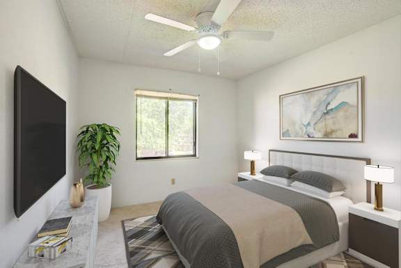 A bedroom with a bed, a plant, a television, and a painting on the wall.