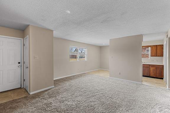 A spacious room with a carpeted floor and a door on the left side.