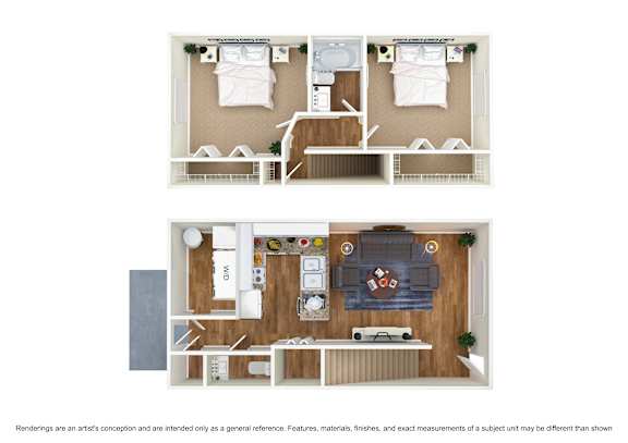 A floor plan of a two-bedroom apartment with a living room and kitchen.