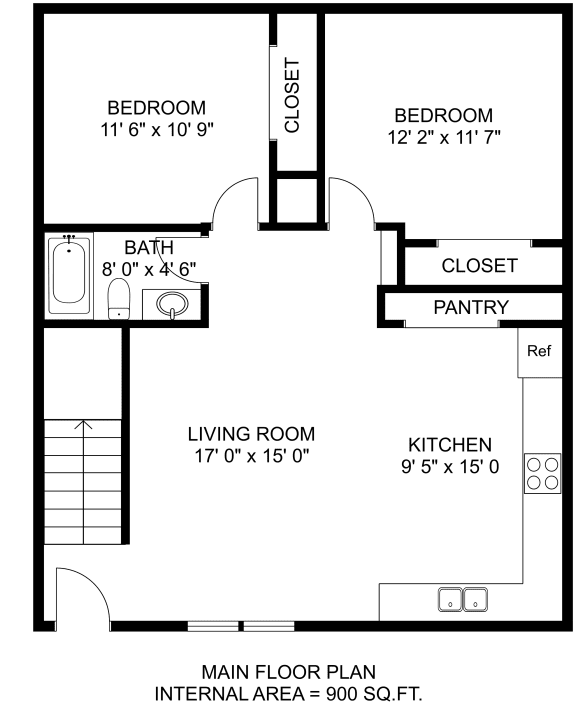 a floor plan of a small house with bedrooms and a living room and a closet
