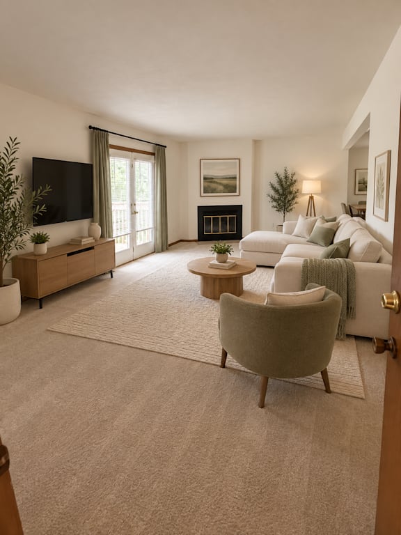 A living room with a grey armchair, a white sofa, a wooden coffee table, a flat screen TV, and a fireplace.