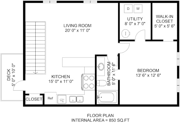 A floor plan of a small apartment with a living room, kitchen, bathroom, and bedroom.