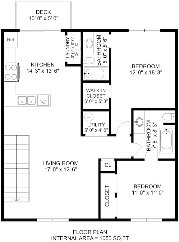 A floor plan of a house with a living room, kitchen, bathrooms, and bedrooms.