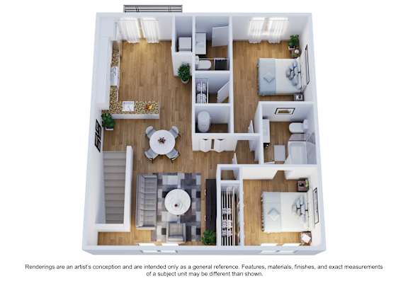 A floor plan of a house with a living room, dining room, kitchen, and two bedrooms.