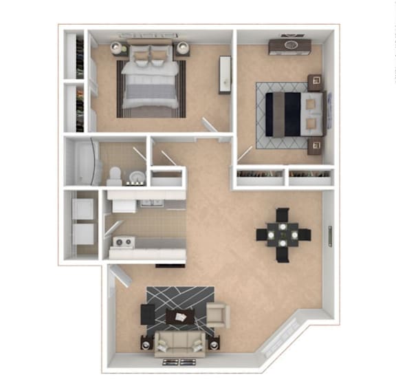 A 3D floor plan of a small apartment with a bedroom, living room, kitchen, and bathroom.