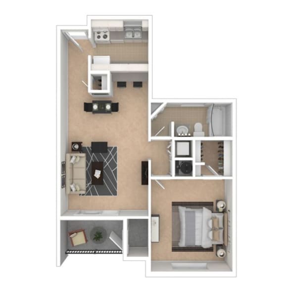 A floor plan of a small apartment with two bedrooms and a living area.